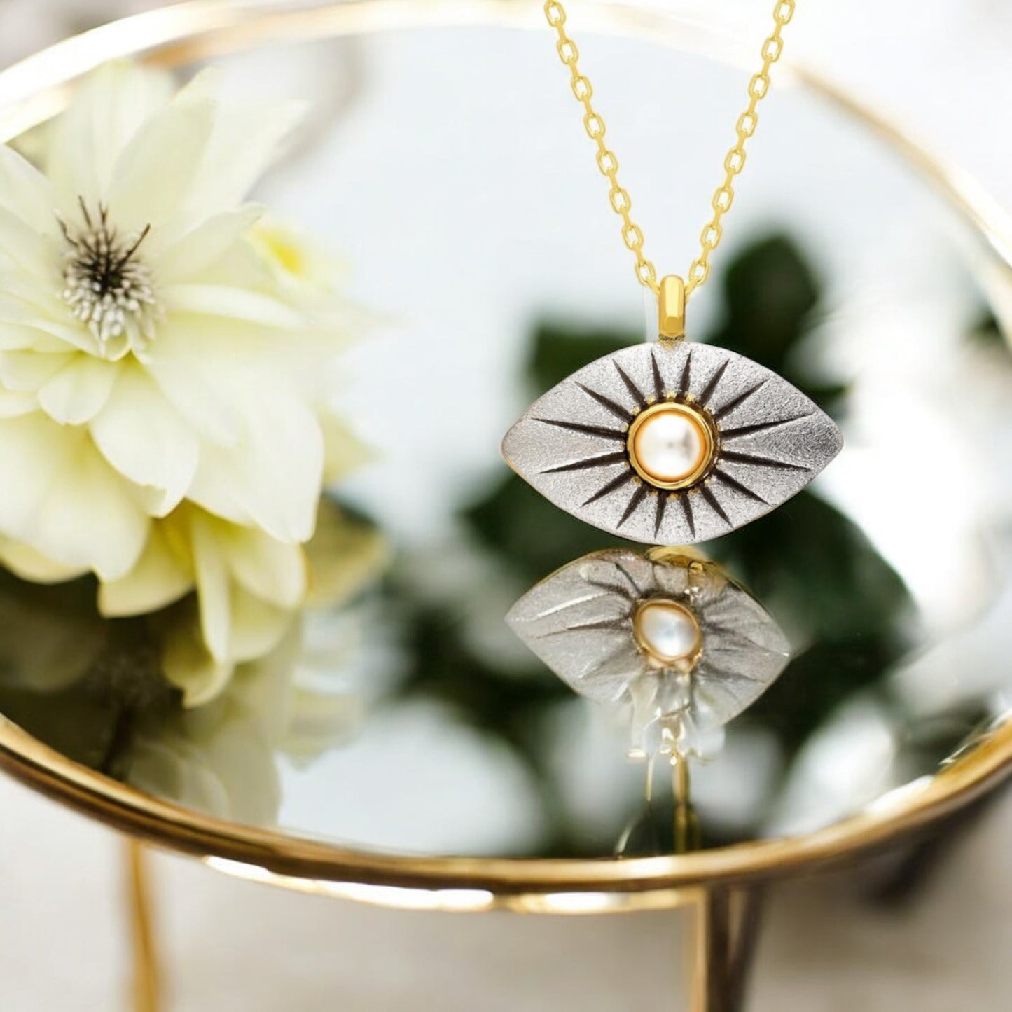 925 Sterling Silver Evil Eye Charm Necklace with Pearl - Gem Karageorgiou